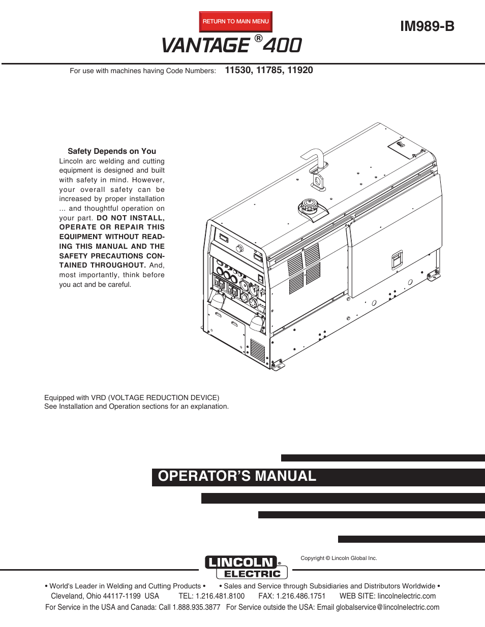 Lincoln Electric IM989 VANTAGE 400 User Manual | 54 pages