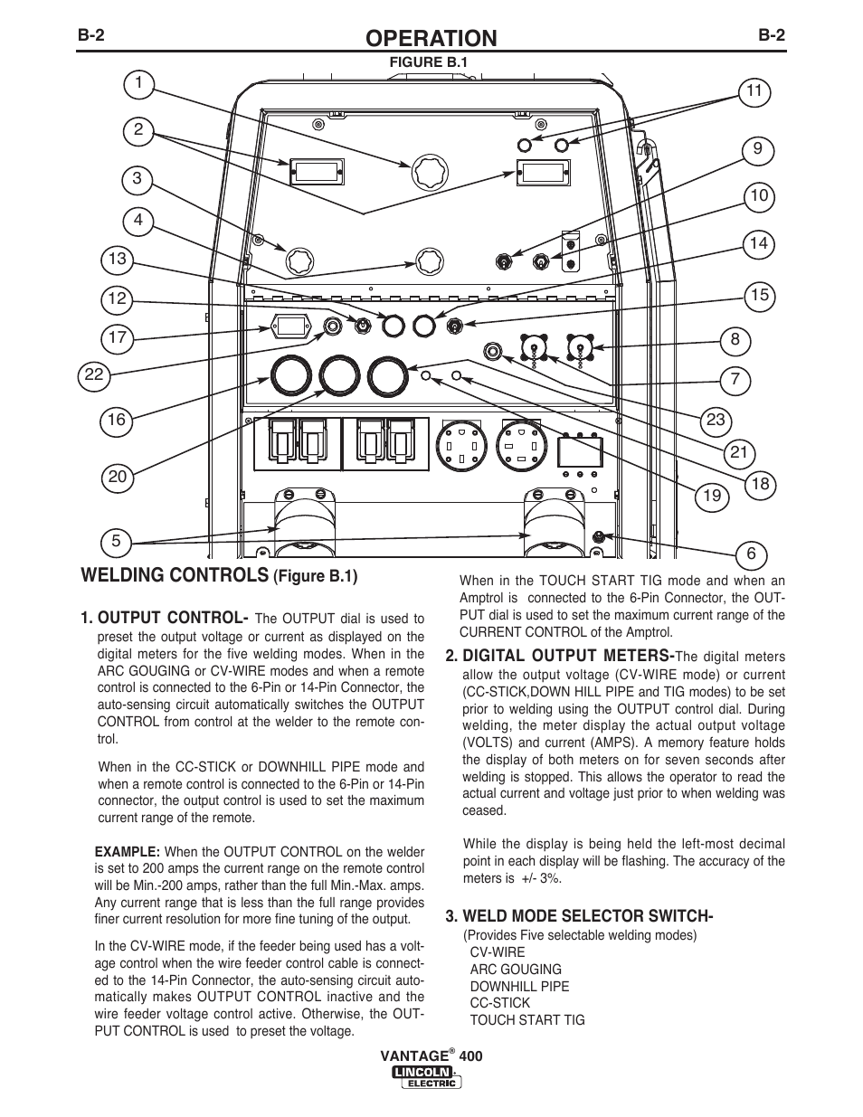 Operation, Welding controls | Lincoln Electric IM989 VANTAGE 400 User Manual | Page 19 / 54