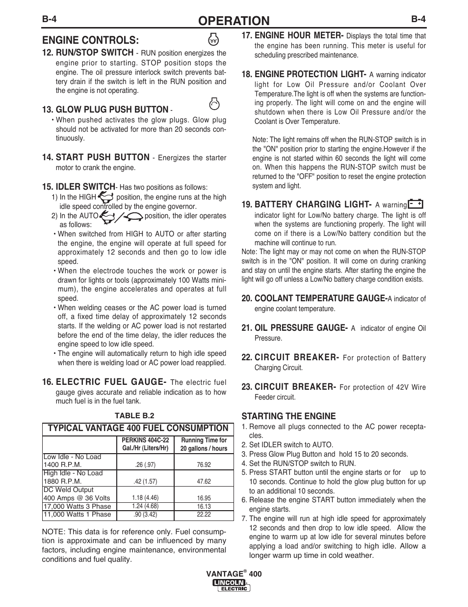 Operation, Engine controls | Lincoln Electric IM989 VANTAGE 400 User Manual | Page 21 / 54