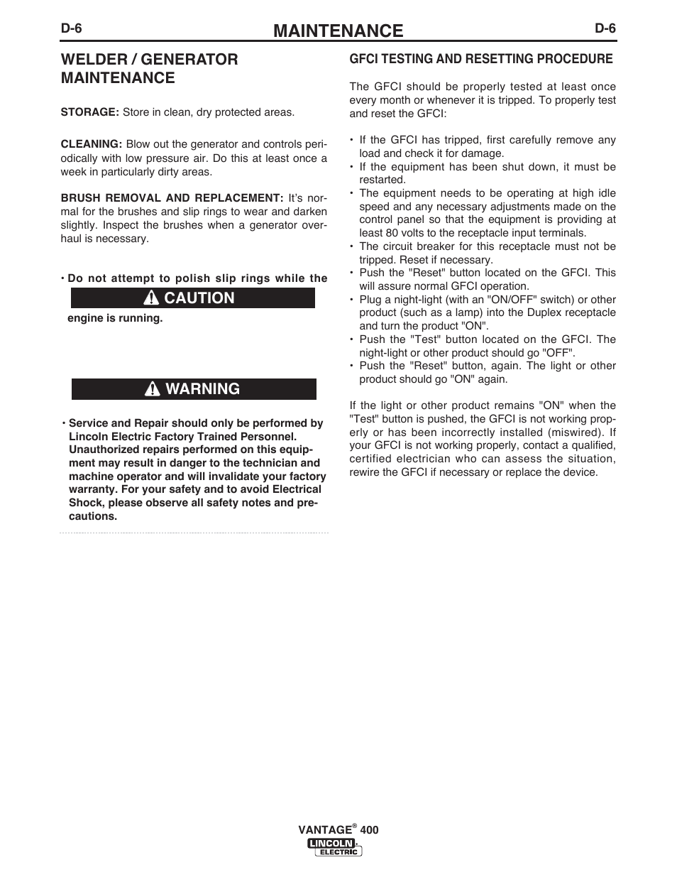 Maintenance, Welder / generator maintenance, Warning | Caution | Lincoln Electric IM989 VANTAGE 400 User Manual | Page 31 / 54