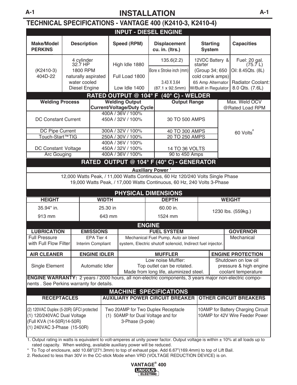 Installation | Lincoln Electric IM989 VANTAGE 400 User Manual | Page 9 / 54