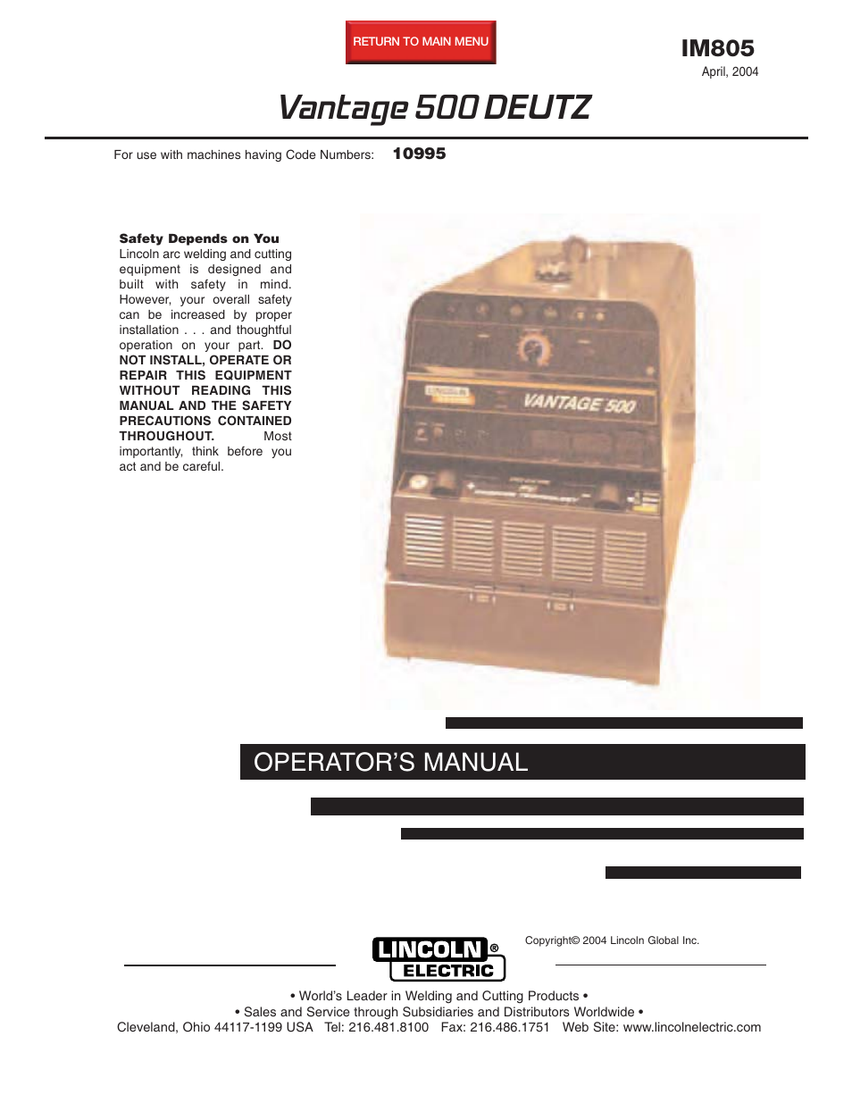 Lincoln Electric IM805 VANTAGE 500 DEUTZ User Manual | 51 pages