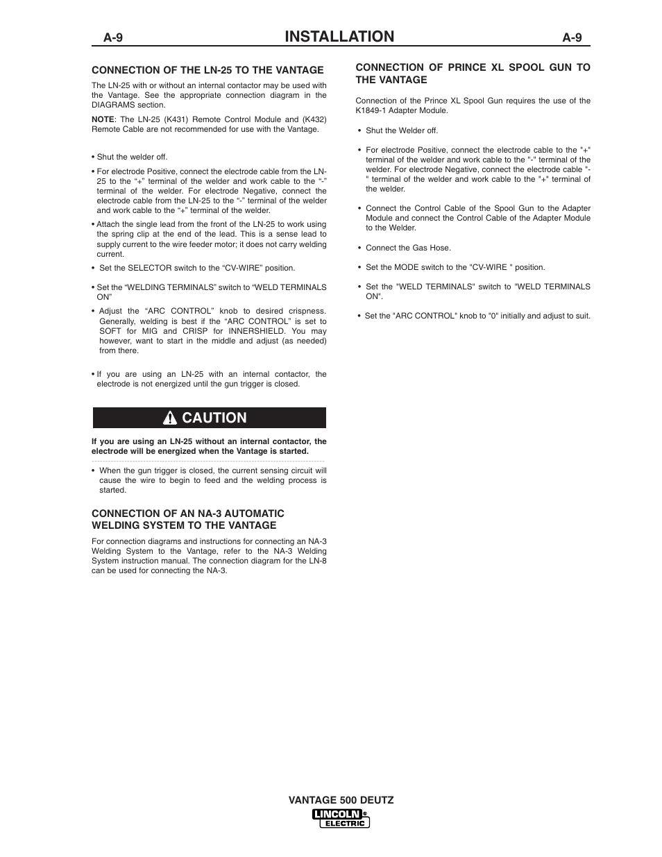 Installation, Caution | Lincoln Electric IM805 VANTAGE 500 DEUTZ User Manual | Page 17 / 51