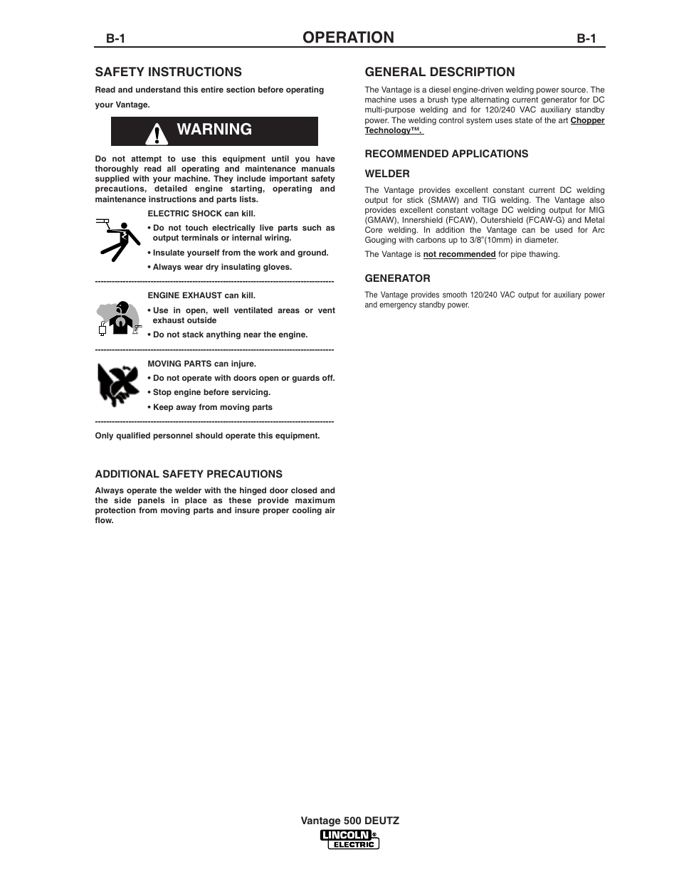 Operation, Warning, Safety instructions | General description | Lincoln Electric IM805 VANTAGE 500 DEUTZ User Manual | Page 18 / 51