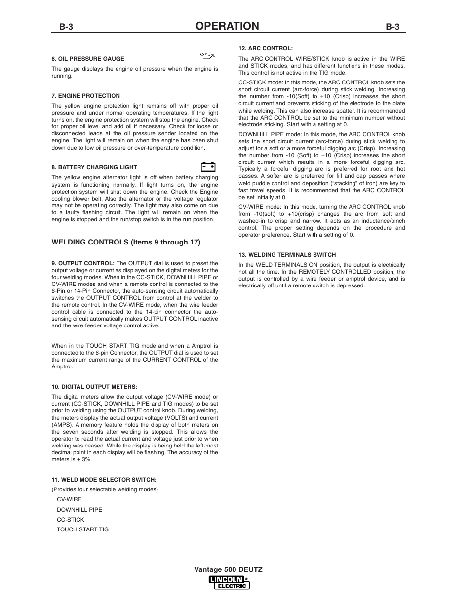 Operation | Lincoln Electric IM805 VANTAGE 500 DEUTZ User Manual | Page 20 / 51