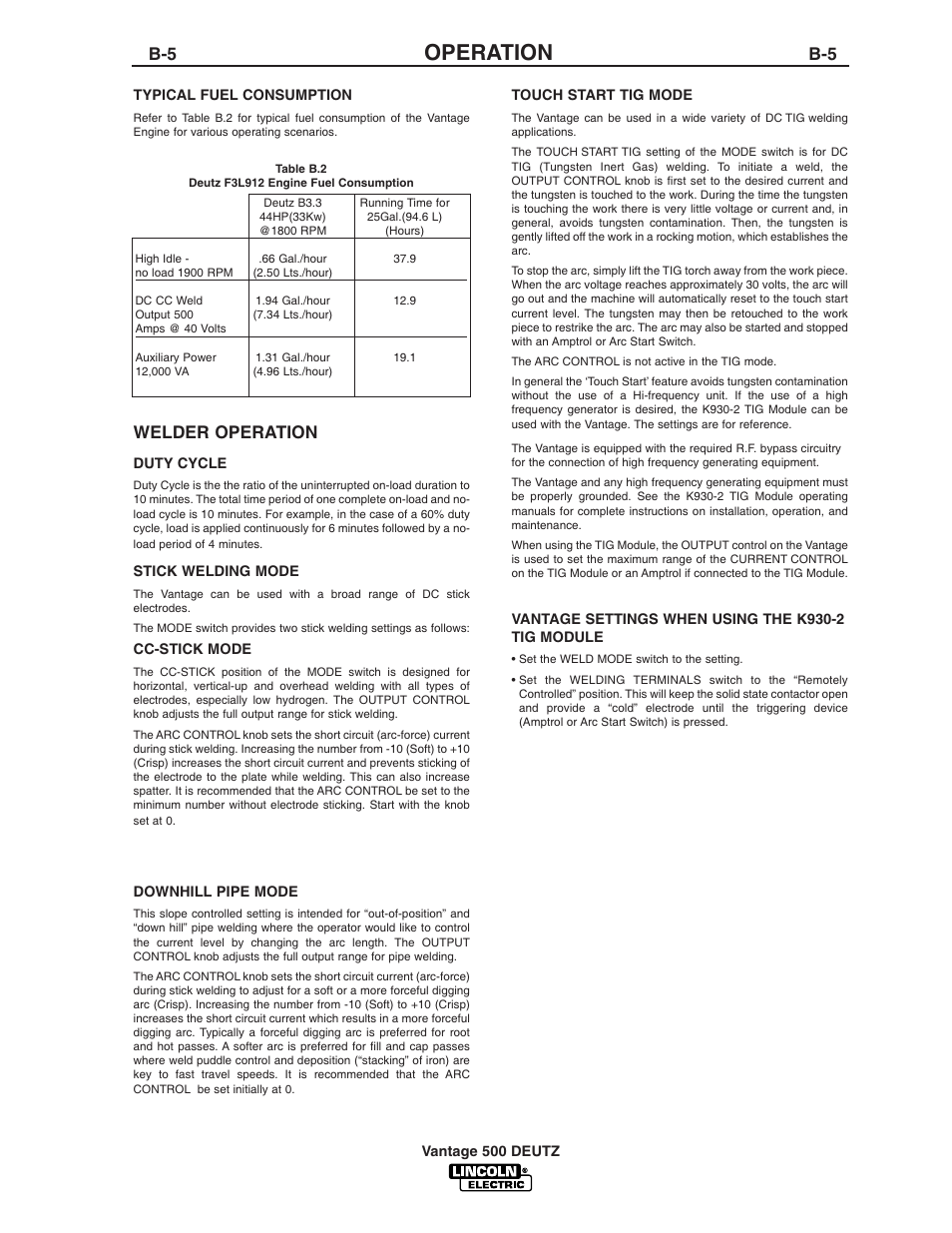 Operation, Welder operation | Lincoln Electric IM805 VANTAGE 500 DEUTZ User Manual | Page 22 / 51