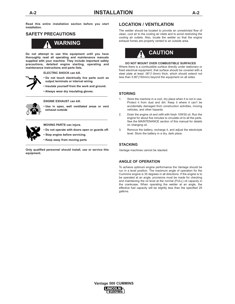 Installation, Warning caution, Safety precautions | Location / ventilation | Lincoln Electric IM800 VANTAGE 500 CUMMINS User Manual | Page 10 / 51