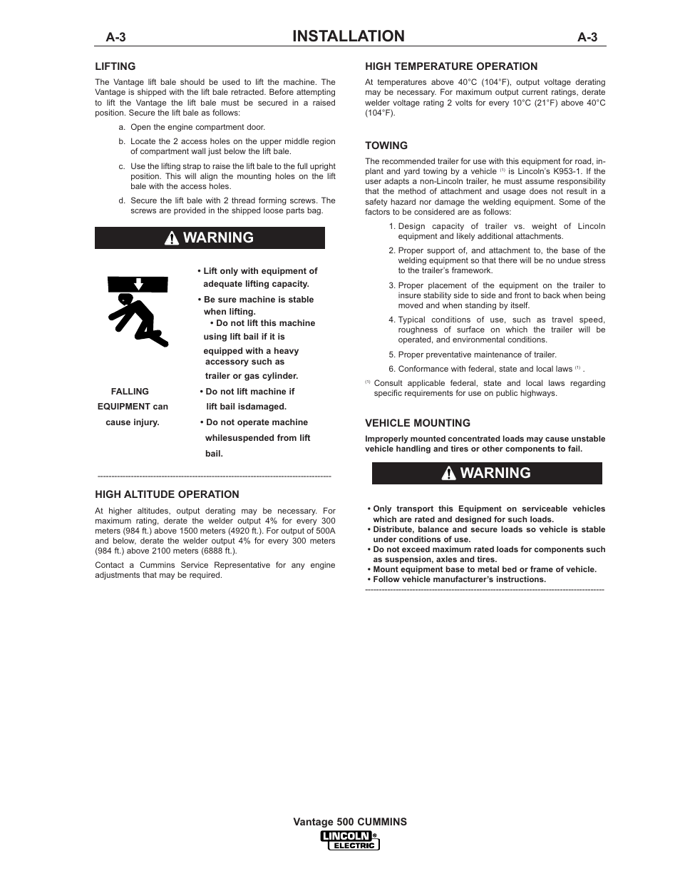 Installation, Warning | Lincoln Electric IM800 VANTAGE 500 CUMMINS User Manual | Page 11 / 51