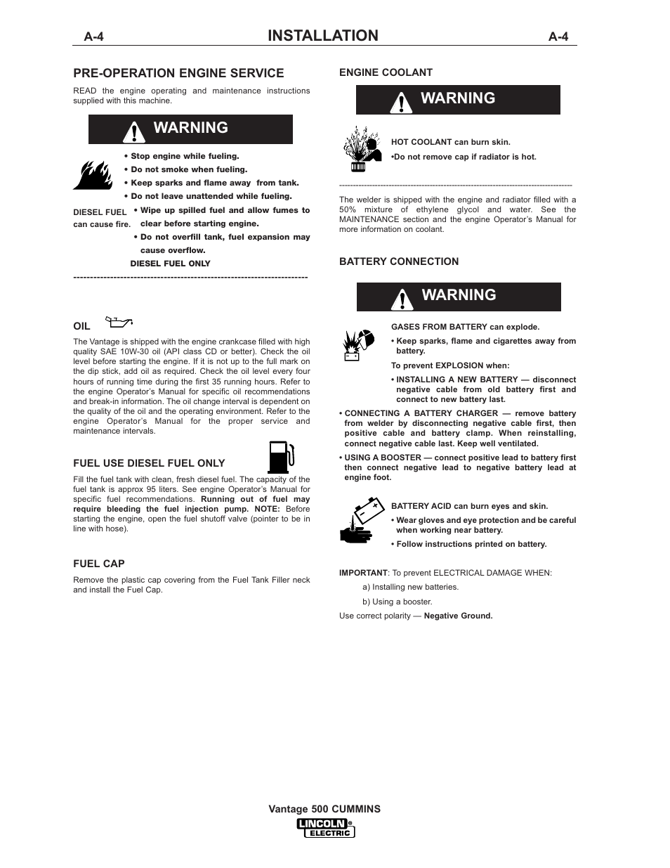 Installation, Warning, Pre-operation engine service | Lincoln Electric IM800 VANTAGE 500 CUMMINS User Manual | Page 12 / 51