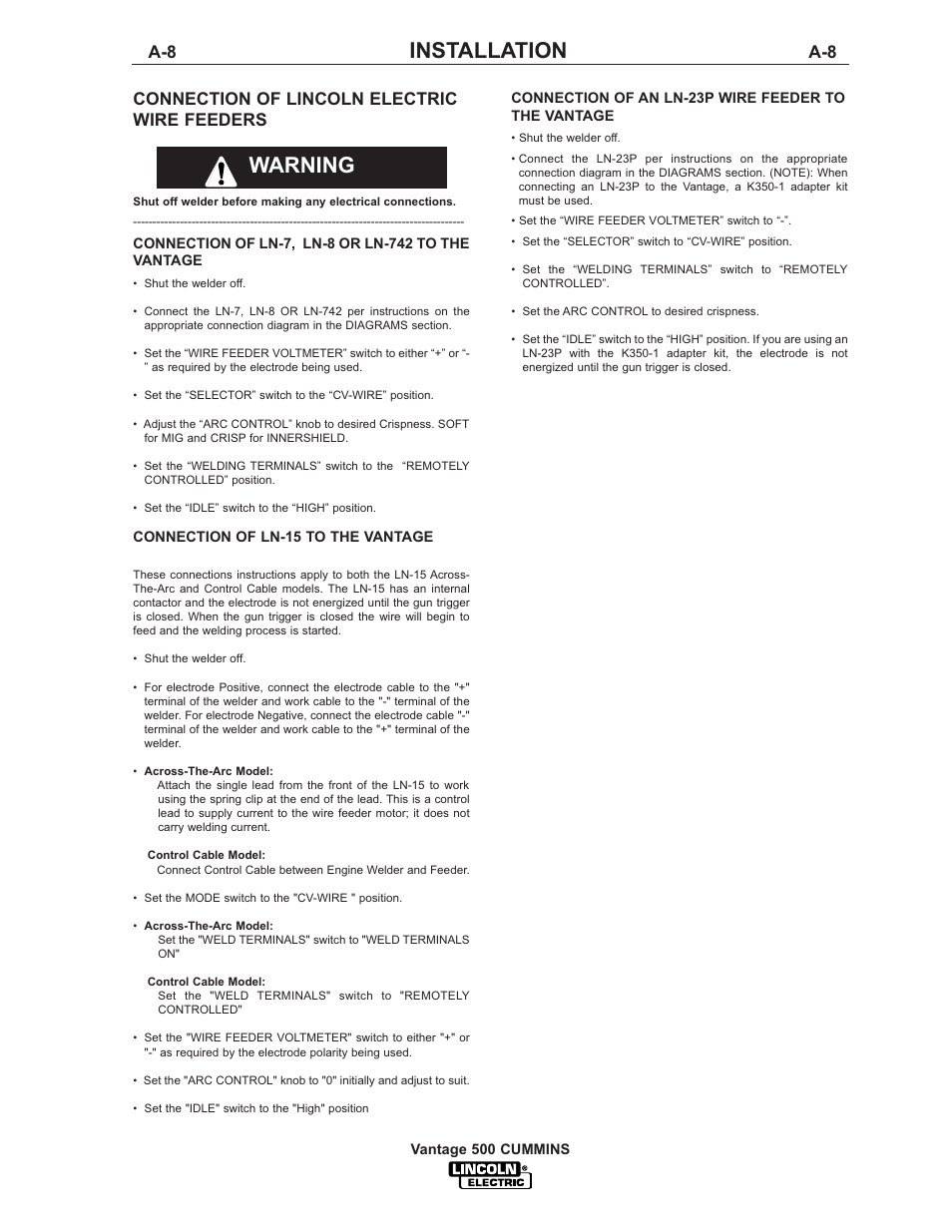 Installation, Warning, Connection of lincoln electric wire feeders | Lincoln Electric IM800 VANTAGE 500 CUMMINS User Manual | Page 16 / 51