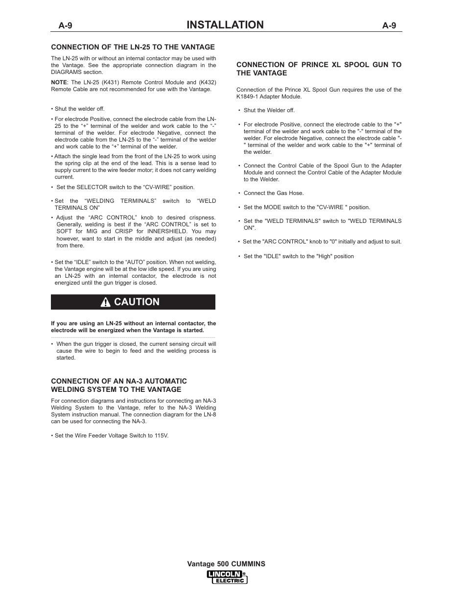 Installation, Caution | Lincoln Electric IM800 VANTAGE 500 CUMMINS User Manual | Page 17 / 51