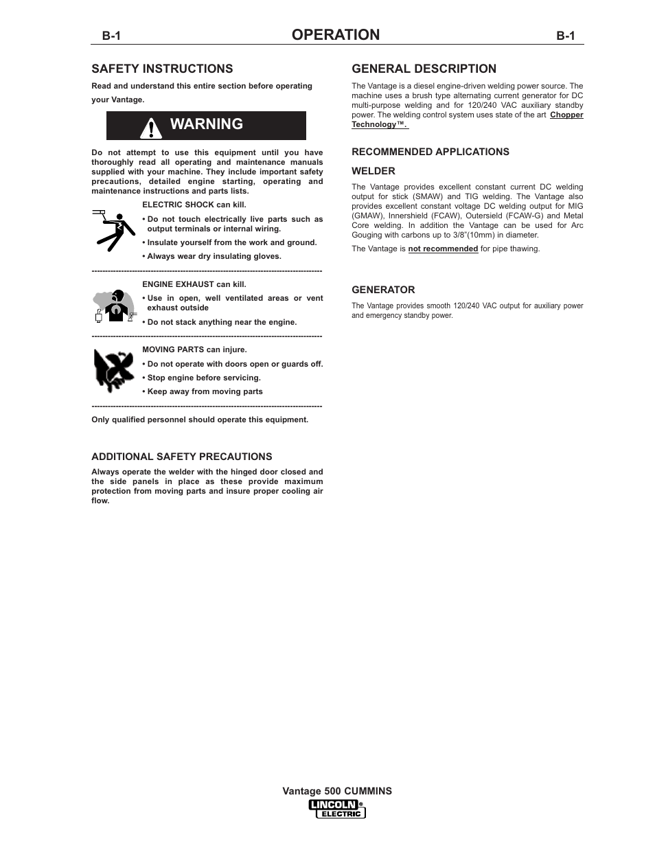 Operation, Warning, Safety instructions | General description | Lincoln Electric IM800 VANTAGE 500 CUMMINS User Manual | Page 18 / 51