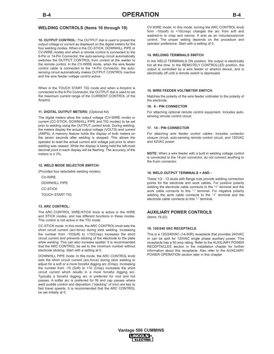 Operation | Lincoln Electric IM800 VANTAGE 500 CUMMINS User Manual | Page 21 / 51