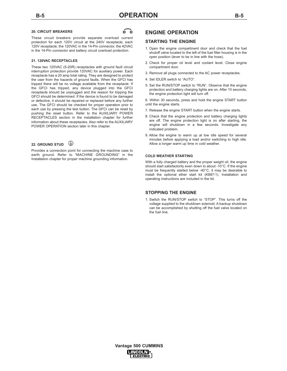 Operation, Engine operation | Lincoln Electric IM800 VANTAGE 500 CUMMINS User Manual | Page 22 / 51