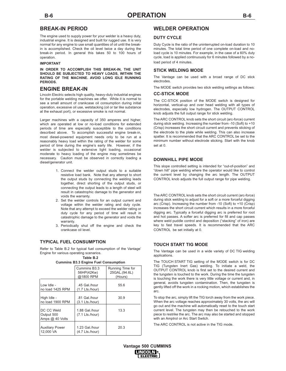 Operation, Break-in period, Engine break-in | Welder operation | Lincoln Electric IM800 VANTAGE 500 CUMMINS User Manual | Page 23 / 51