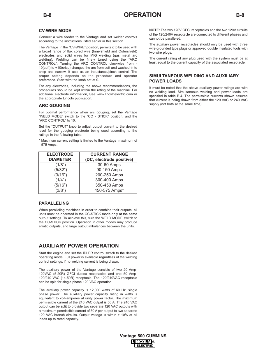 Operation, Auxiliary power operation | Lincoln Electric IM800 VANTAGE 500 CUMMINS User Manual | Page 25 / 51