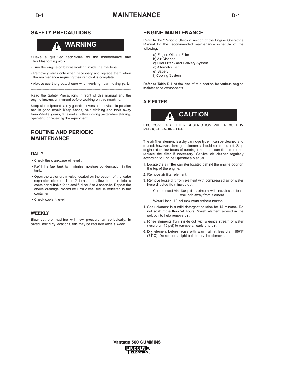 Maintenance, Warning caution, Safety precautions | Routine and periodic maintenance, Engine maintenance | Lincoln Electric IM800 VANTAGE 500 CUMMINS User Manual | Page 28 / 51