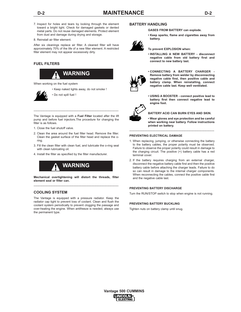 Maintenance, Warning | Lincoln Electric IM800 VANTAGE 500 CUMMINS User Manual | Page 29 / 51