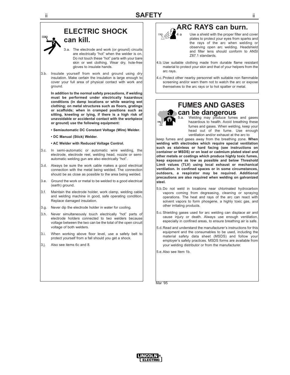 Electric shock can kill, Fumes and gases can be dangerous, Arc rays can burn | Safety | Lincoln Electric IM800 VANTAGE 500 CUMMINS User Manual | Page 3 / 51