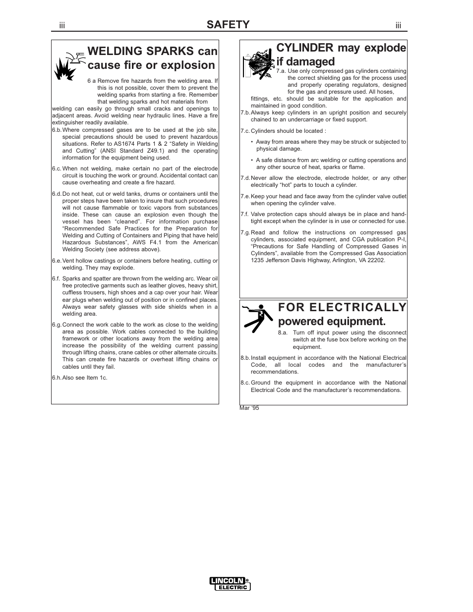 For electrically powered equipment, Welding sparks can cause fire or explosion, Cylinder may explode if damaged | Safety | Lincoln Electric IM800 VANTAGE 500 CUMMINS User Manual | Page 4 / 51