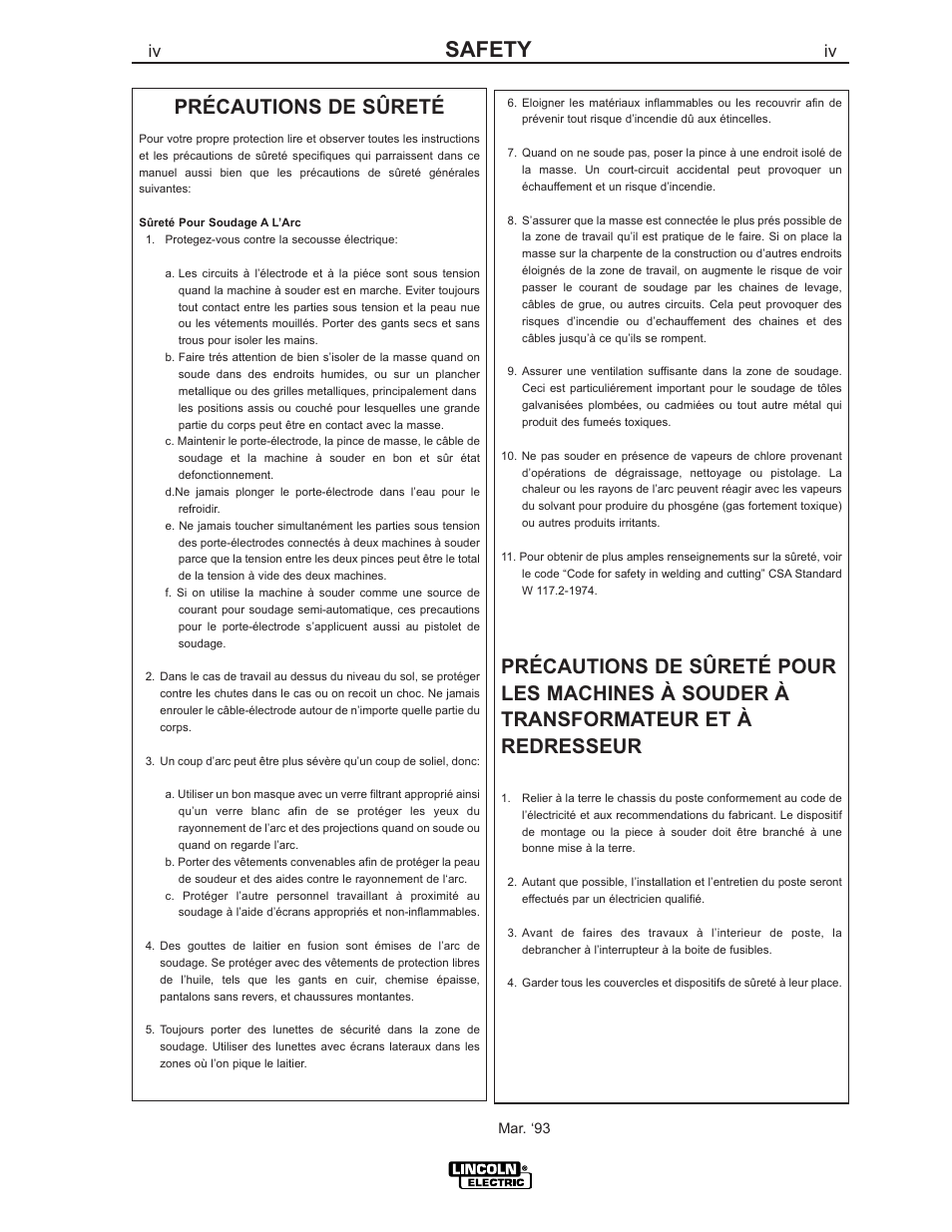 Safety, Précautions de sûreté | Lincoln Electric IM800 VANTAGE 500 CUMMINS User Manual | Page 5 / 51