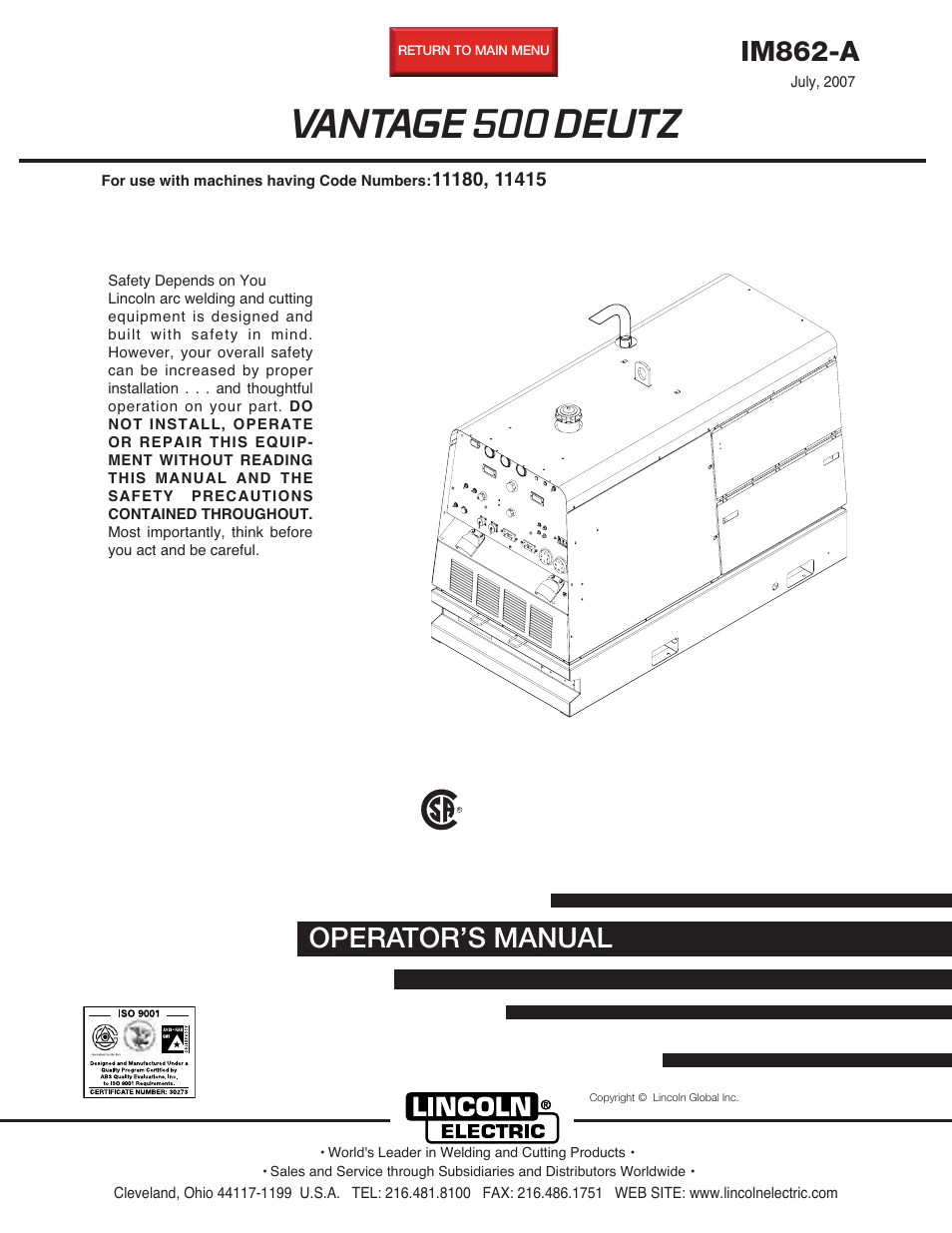 Lincoln Electric IM862 VANTAGE 500 DEUTZ User Manual | 54 pages