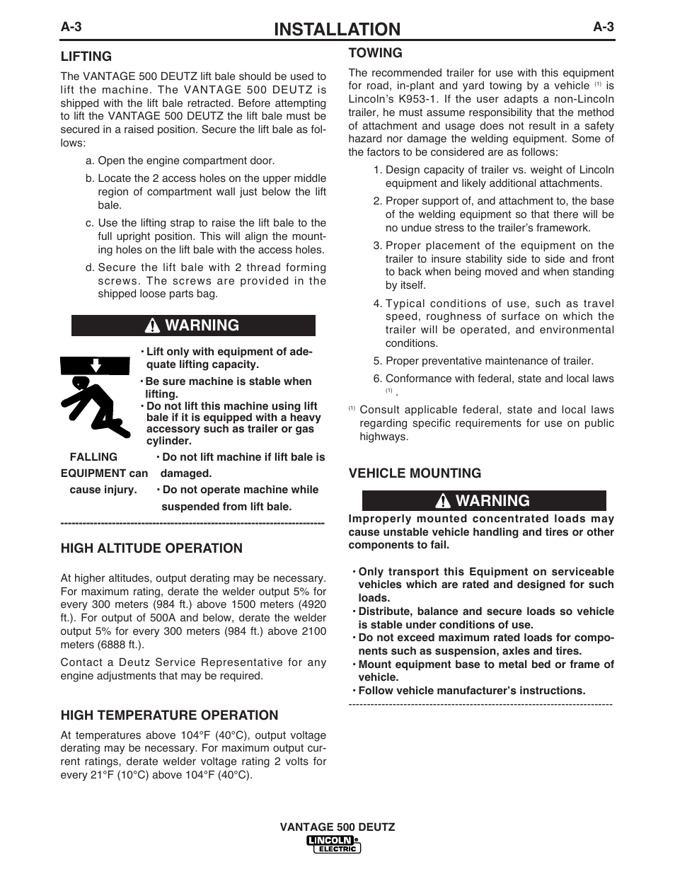 Installation, Warning | Lincoln Electric IM862 VANTAGE 500 DEUTZ User Manual | Page 11 / 54