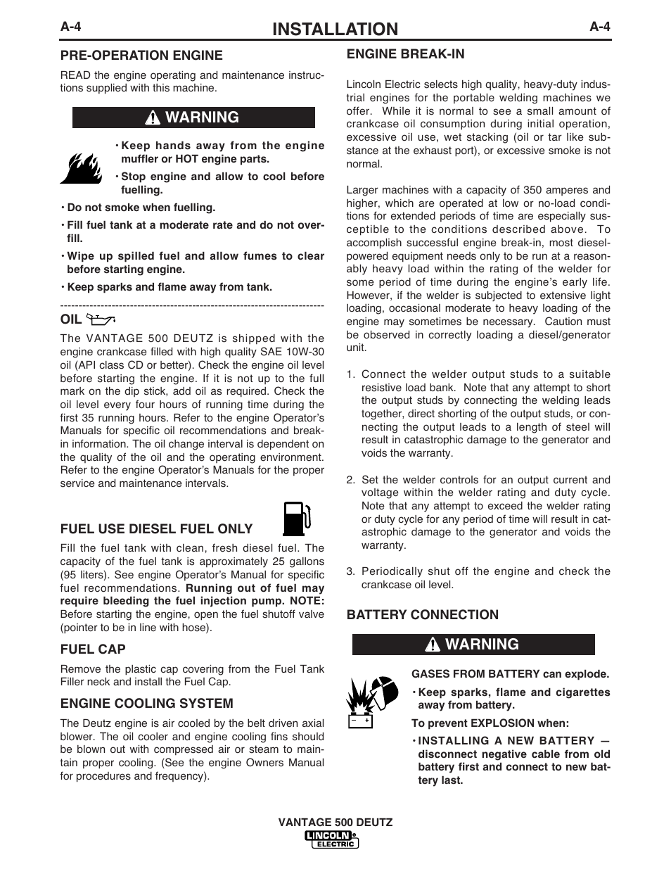 Installation, Warning | Lincoln Electric IM862 VANTAGE 500 DEUTZ User Manual | Page 12 / 54