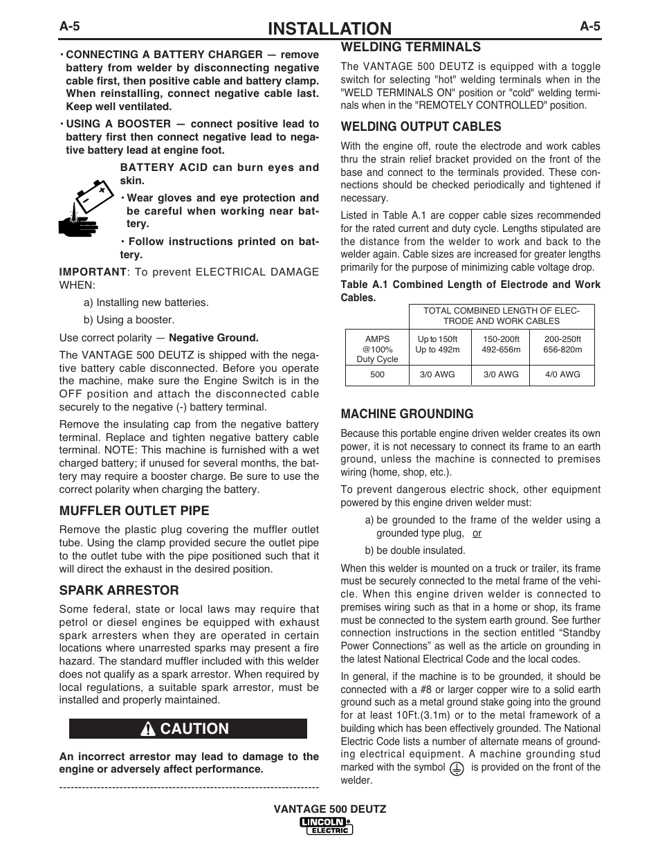 Installation, Caution | Lincoln Electric IM862 VANTAGE 500 DEUTZ User Manual | Page 13 / 54