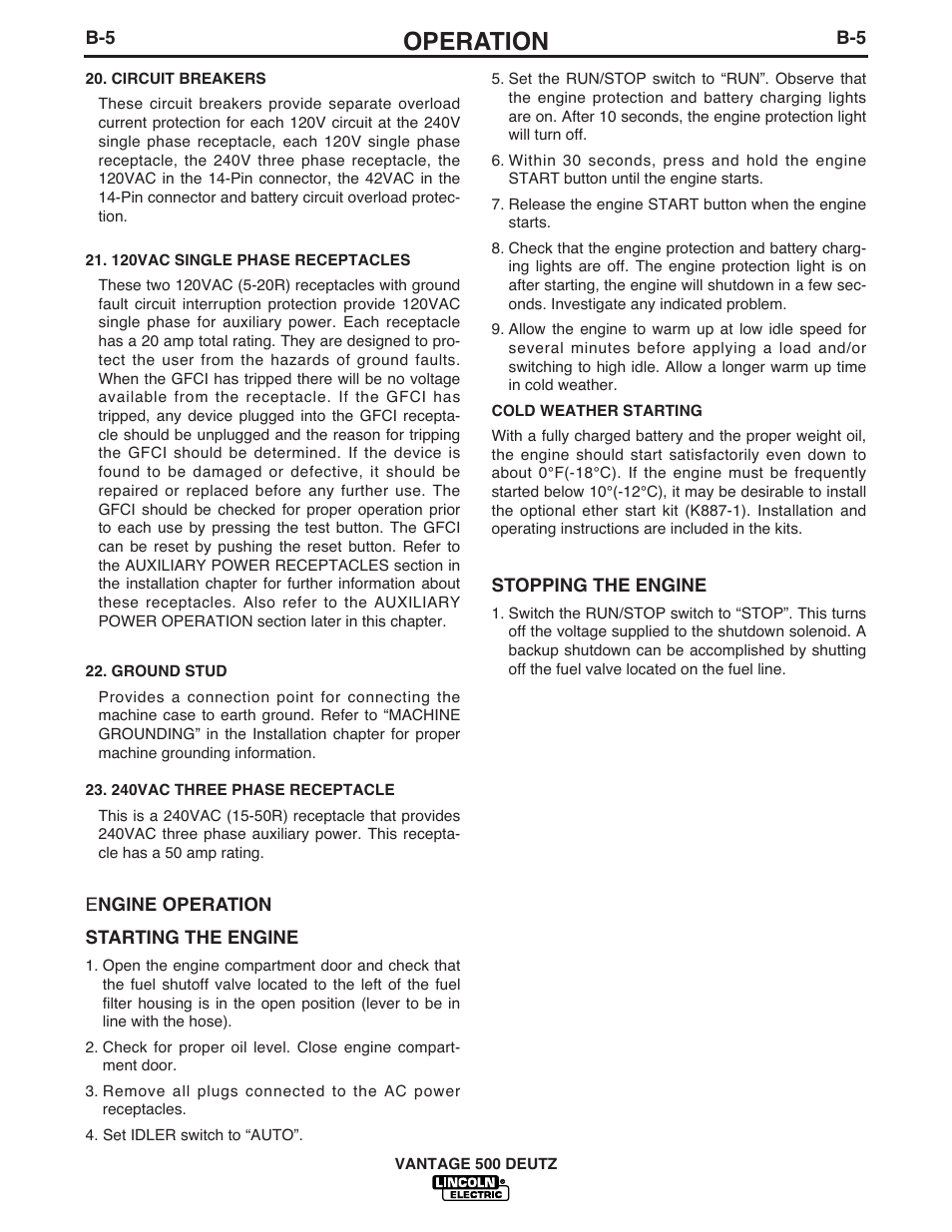 Operation | Lincoln Electric IM862 VANTAGE 500 DEUTZ User Manual | Page 22 / 54