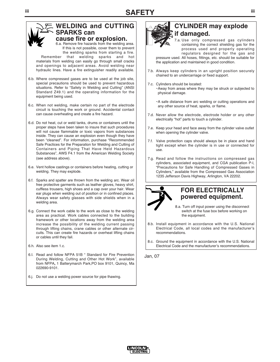 Safety, For electrically powered equipment, Cylinder may explode if damaged | Lincoln Electric IM862 VANTAGE 500 DEUTZ User Manual | Page 4 / 54