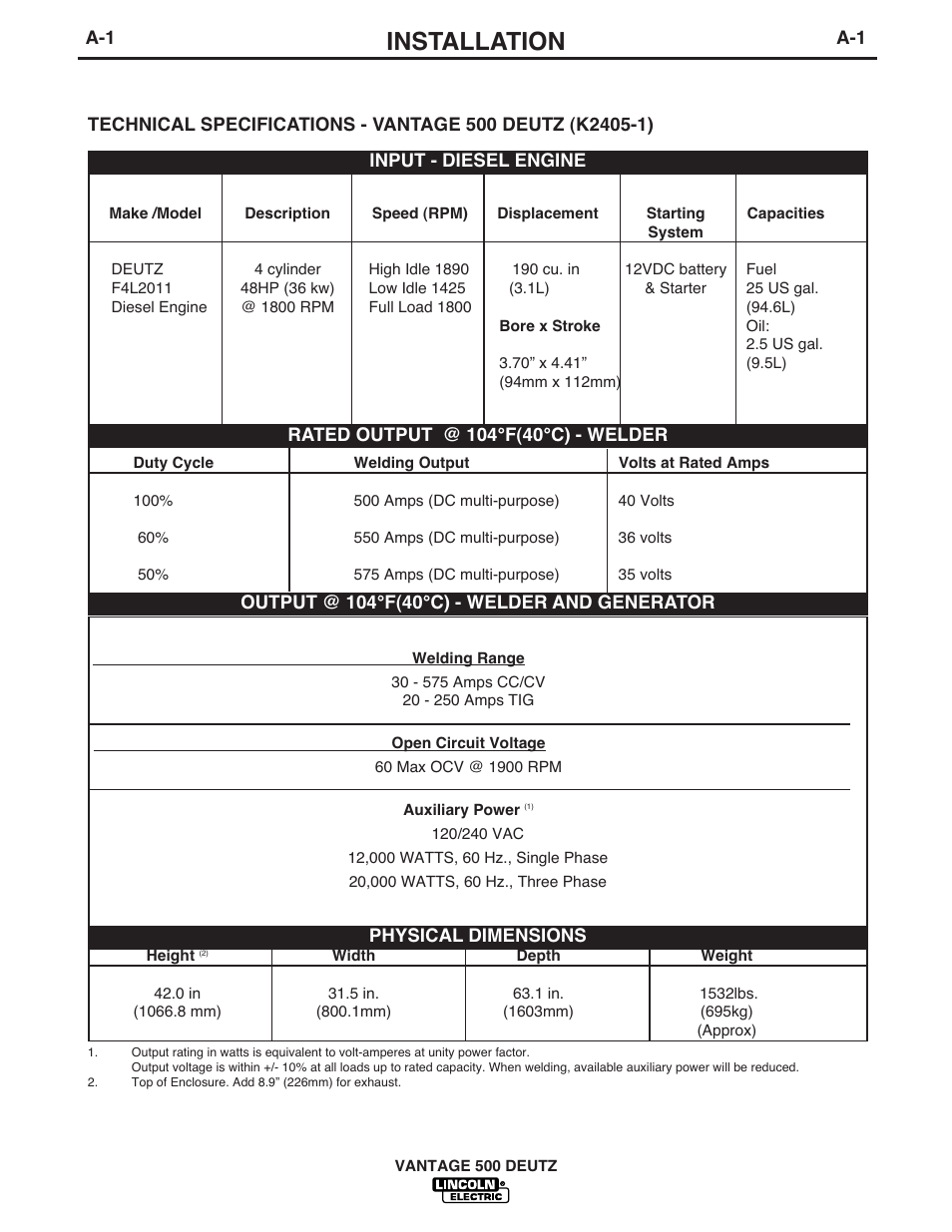 Installation | Lincoln Electric IM862 VANTAGE 500 DEUTZ User Manual | Page 9 / 54