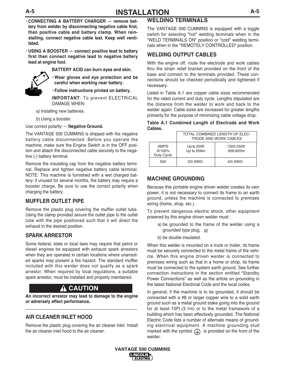 Installation, Caution | Lincoln Electric IM873 VANTAGE 500 CUMMINS User Manual | Page 13 / 54