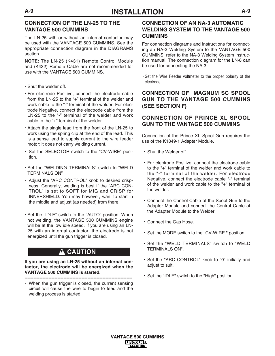 Installation, Caution | Lincoln Electric IM873 VANTAGE 500 CUMMINS User Manual | Page 17 / 54