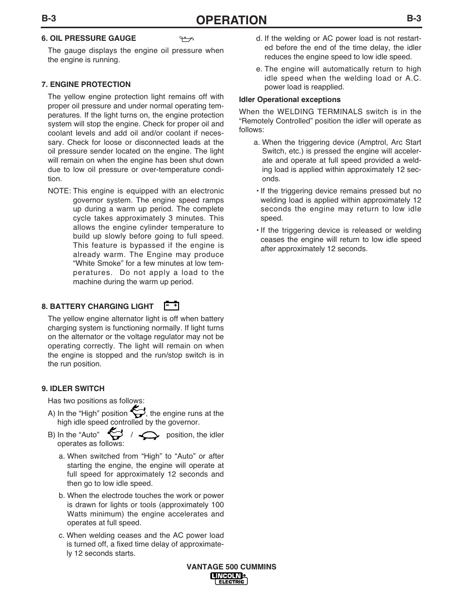 Operation | Lincoln Electric IM873 VANTAGE 500 CUMMINS User Manual | Page 20 / 54