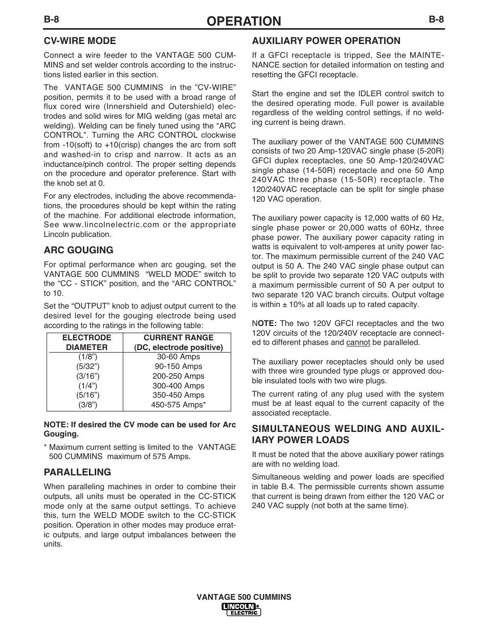 Operation | Lincoln Electric IM873 VANTAGE 500 CUMMINS User Manual | Page 25 / 54