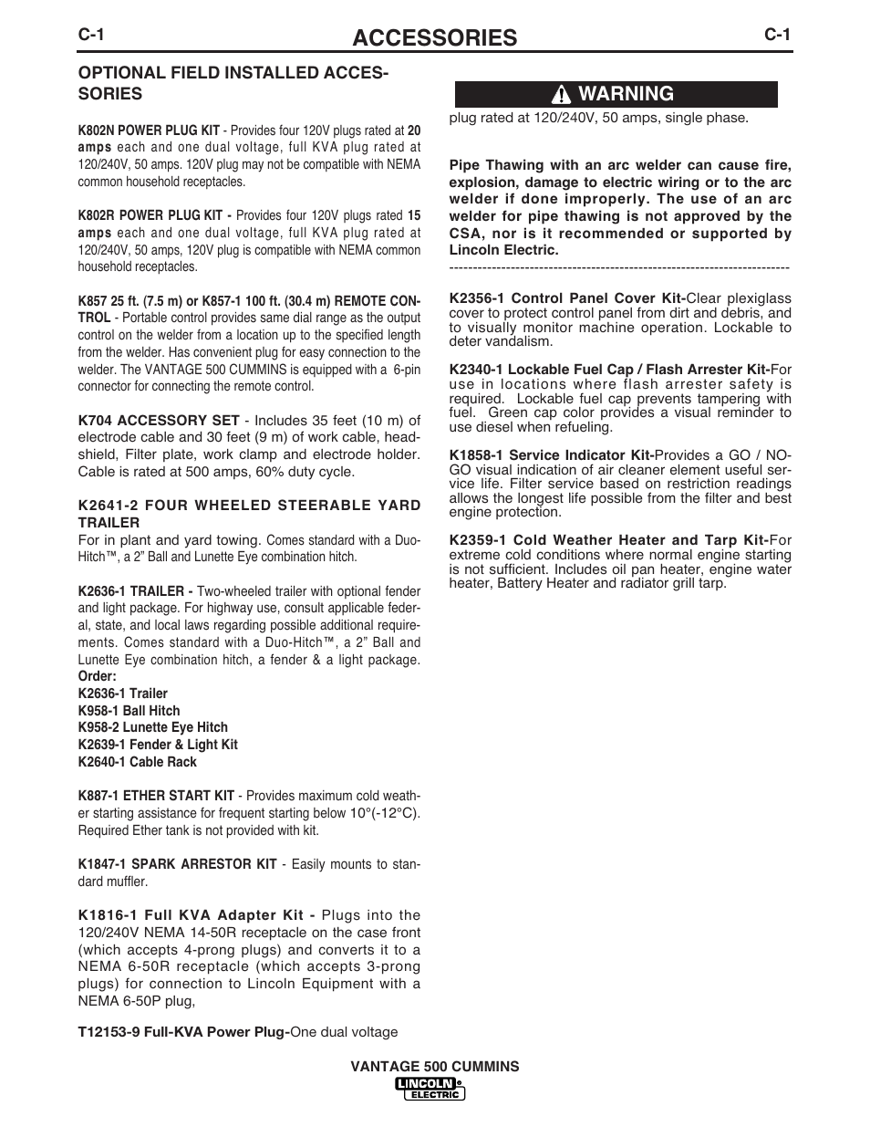 Accessories, Warning | Lincoln Electric IM873 VANTAGE 500 CUMMINS User Manual | Page 27 / 54