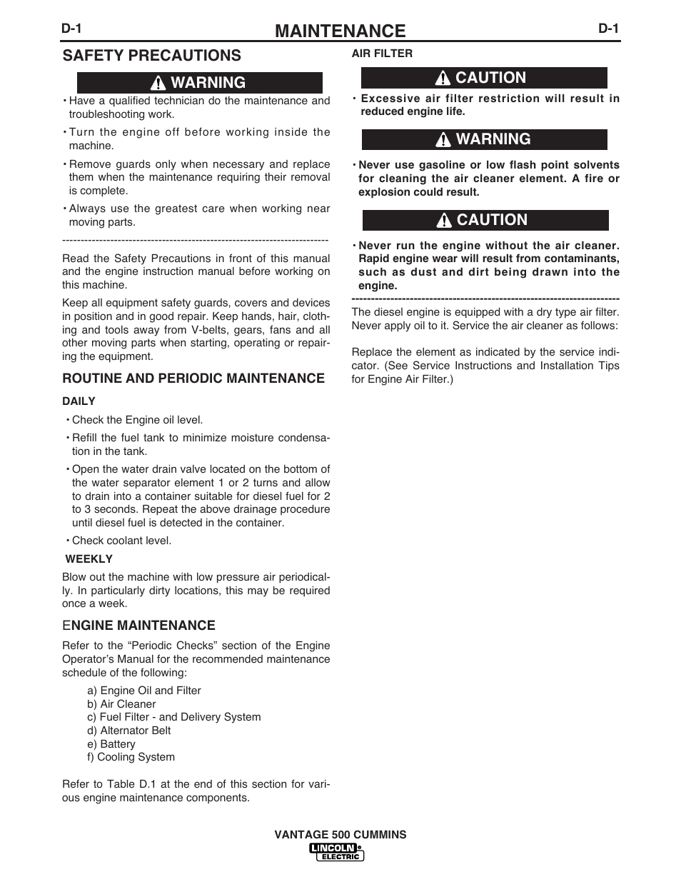 Maintenance, Safety precautions, Warning | Caution, Caution warning | Lincoln Electric IM873 VANTAGE 500 CUMMINS User Manual | Page 29 / 54