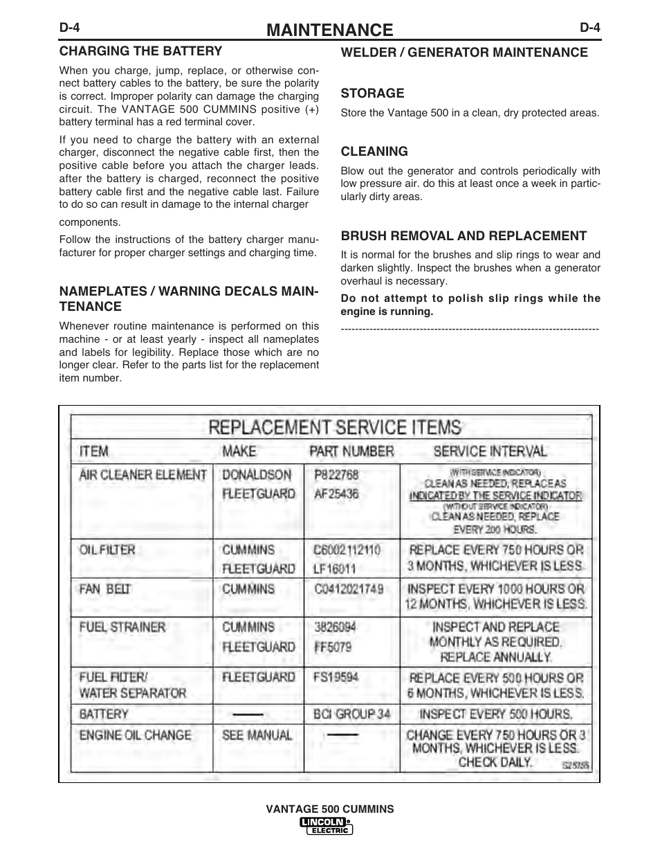 Maintenance | Lincoln Electric IM873 VANTAGE 500 CUMMINS User Manual | Page 32 / 54