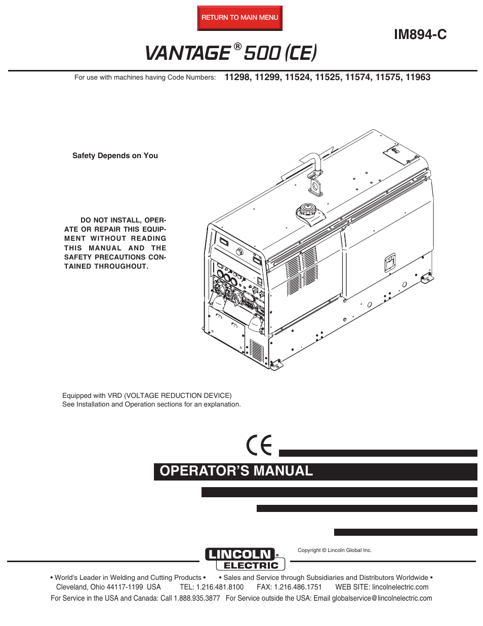 Lincoln Electric IM894 VANTAGE 500 (CE) User Manual | 50 pages