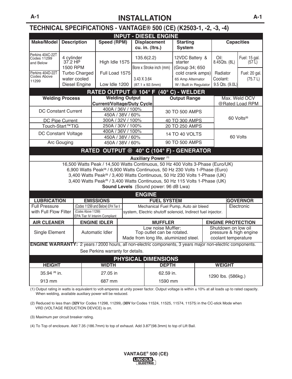 Installation, Generator, Physical dimensions | Lincoln Electric IM894 VANTAGE 500 (CE) User Manual | Page 11 / 50