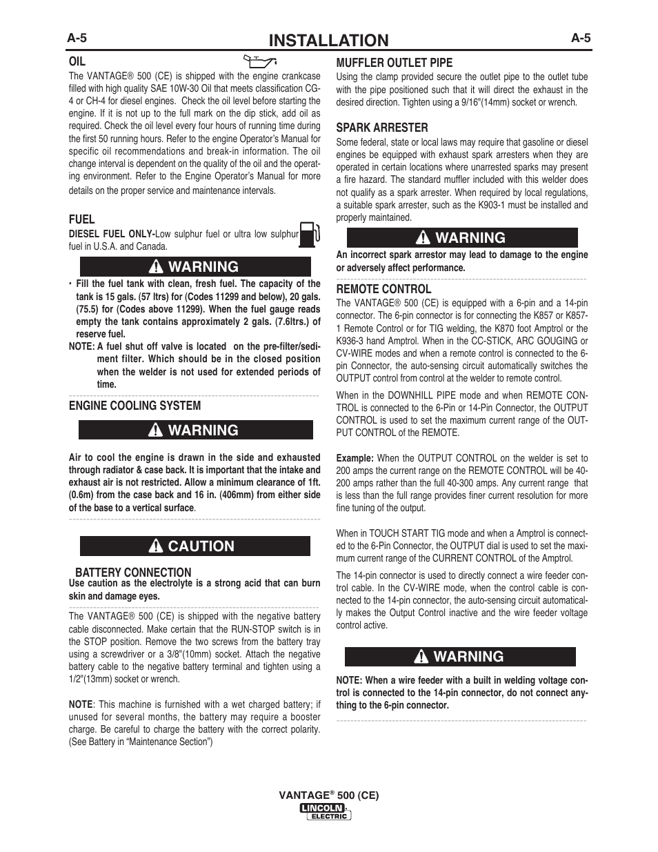 Installation, Warning caution warning warning warning | Lincoln Electric IM894 VANTAGE 500 (CE) User Manual | Page 15 / 50