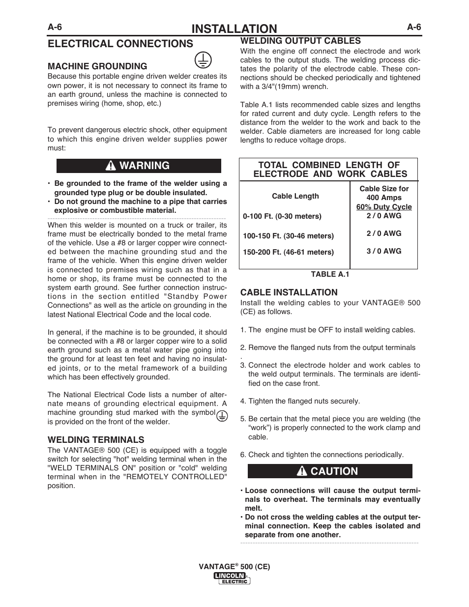 Installation, Electrical connections, Warning | Caution | Lincoln Electric IM894 VANTAGE 500 (CE) User Manual | Page 16 / 50