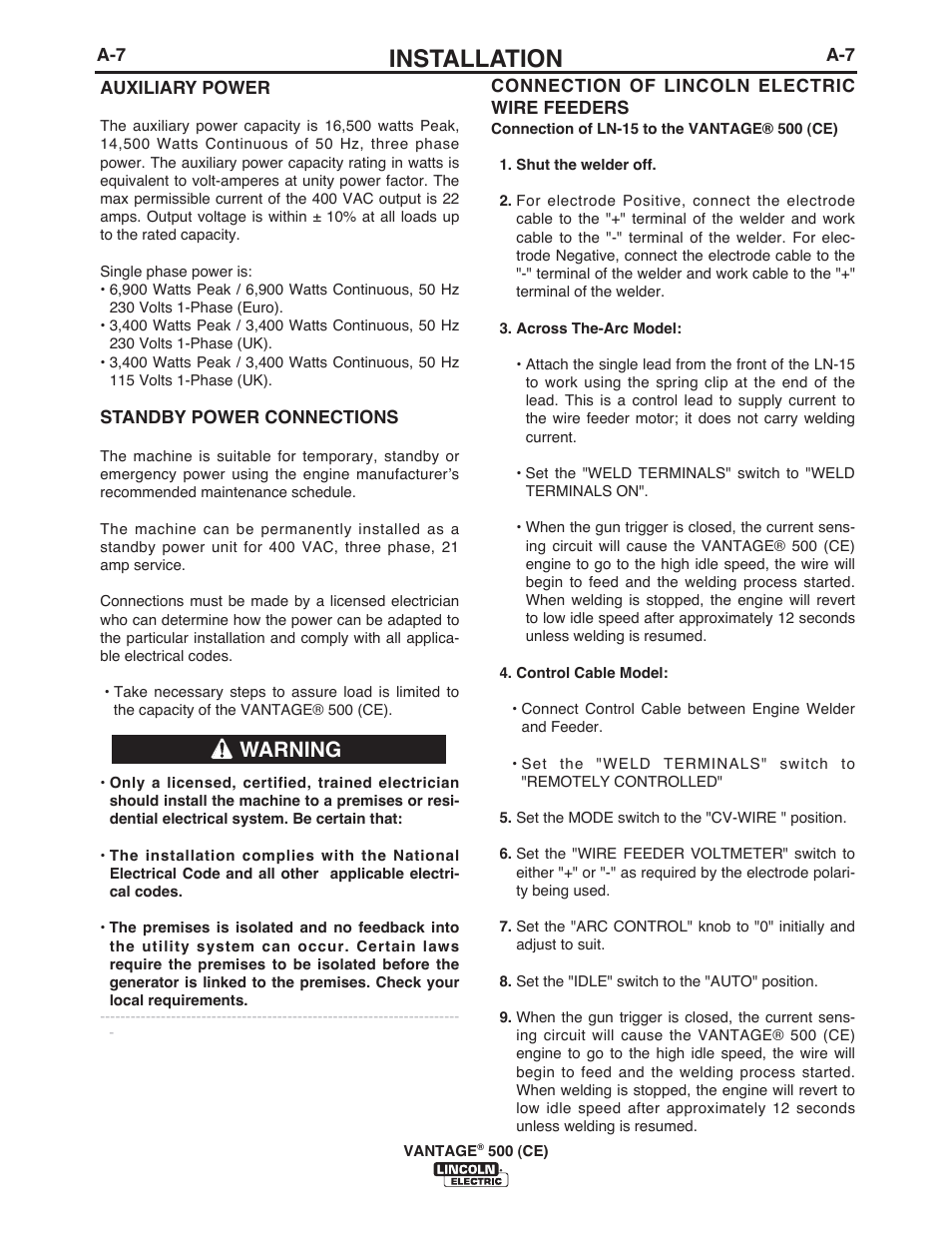 Installation, Warning | Lincoln Electric IM894 VANTAGE 500 (CE) User Manual | Page 17 / 50