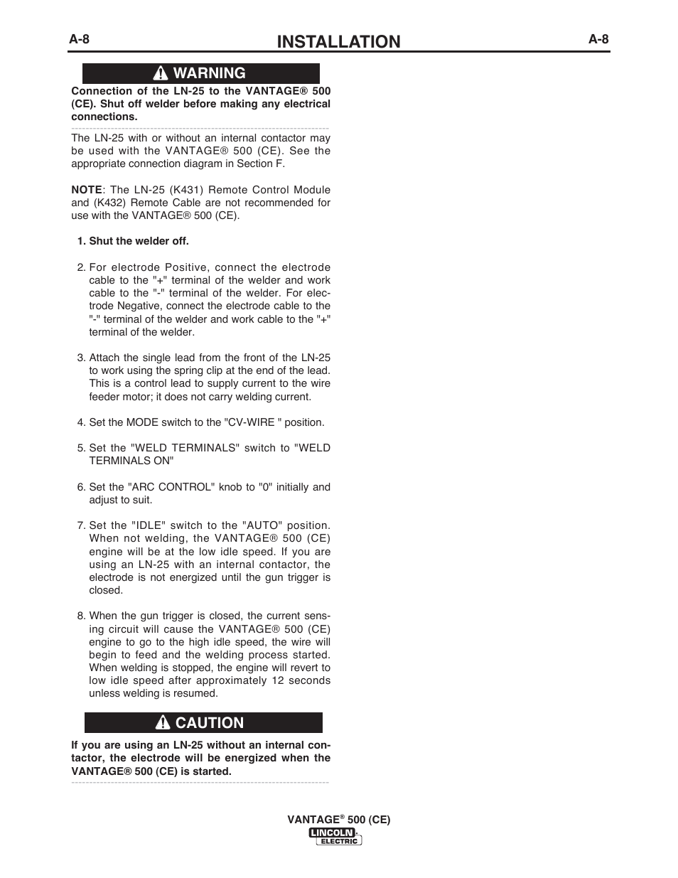 Installation, Warning caution | Lincoln Electric IM894 VANTAGE 500 (CE) User Manual | Page 18 / 50