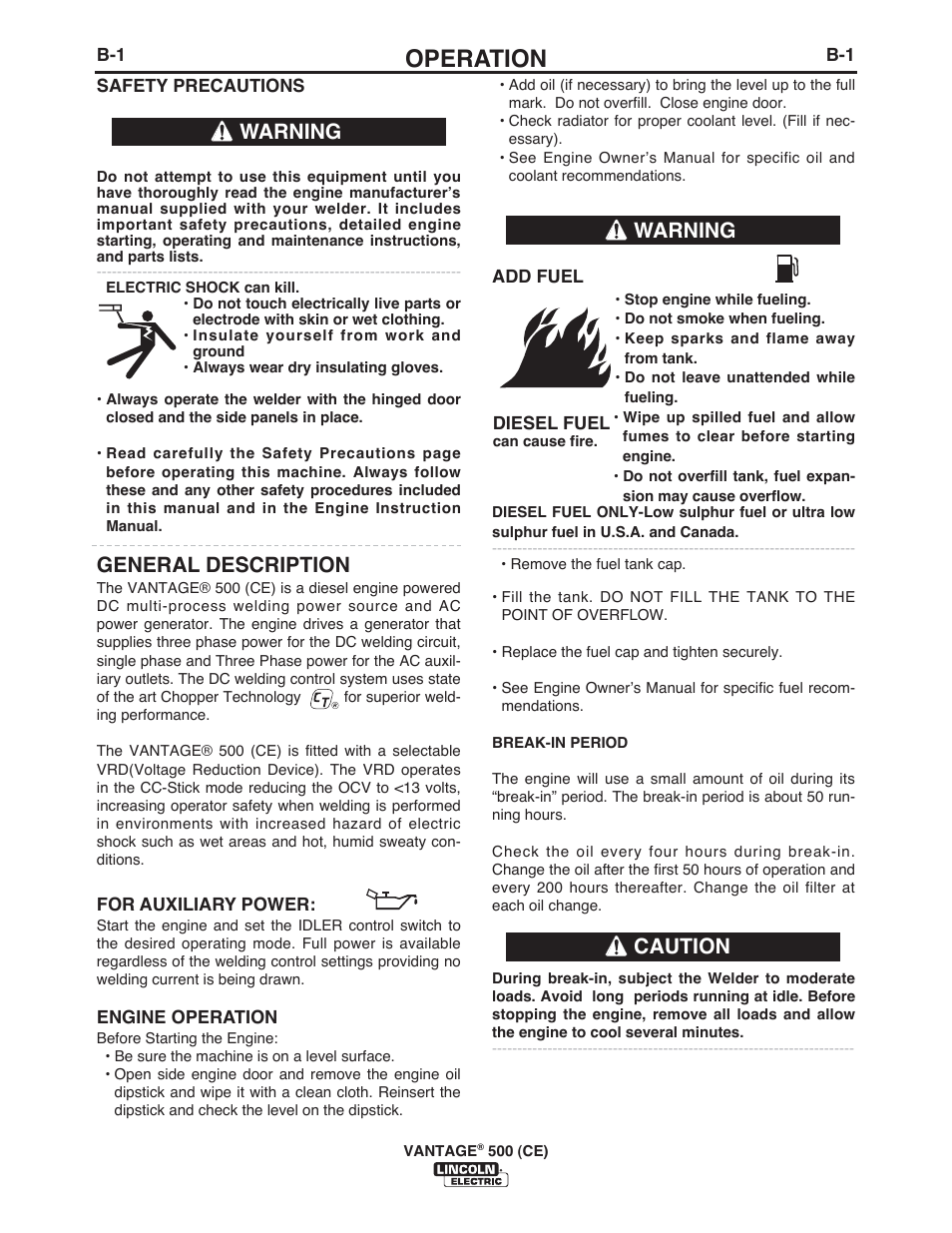 Operation, General description, Warning | Warning caution | Lincoln Electric IM894 VANTAGE 500 (CE) User Manual | Page 19 / 50