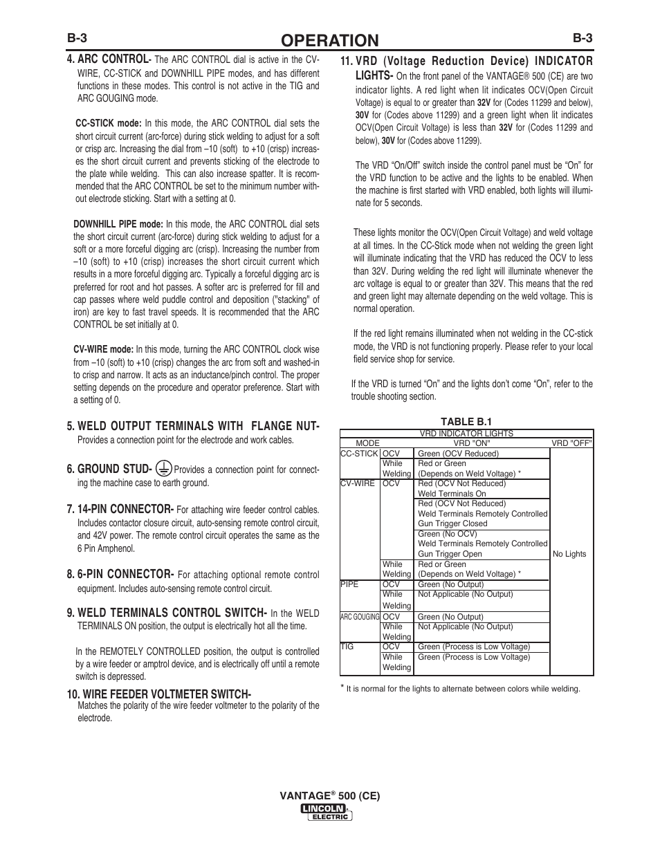 Operation, B-3 4. arc control, Weld output terminals with flange nut | Ground stud, 14-pin connector, 6-pin connector, Weld terminals control switch, Wire feeder voltmeter switch, Vrd (voltage reduction device) indicator lights | Lincoln Electric IM894 VANTAGE 500 (CE) User Manual | Page 21 / 50