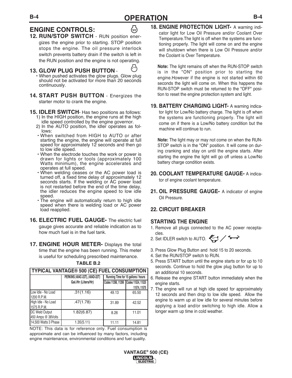 Operation, Engine controls | Lincoln Electric IM894 VANTAGE 500 (CE) User Manual | Page 22 / 50