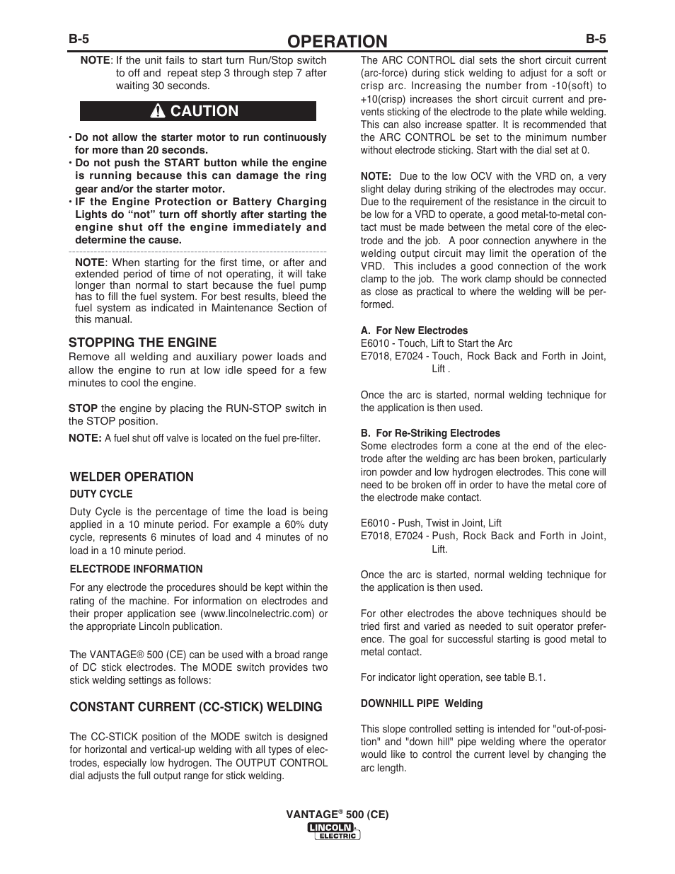 Operation, Caution | Lincoln Electric IM894 VANTAGE 500 (CE) User Manual | Page 23 / 50