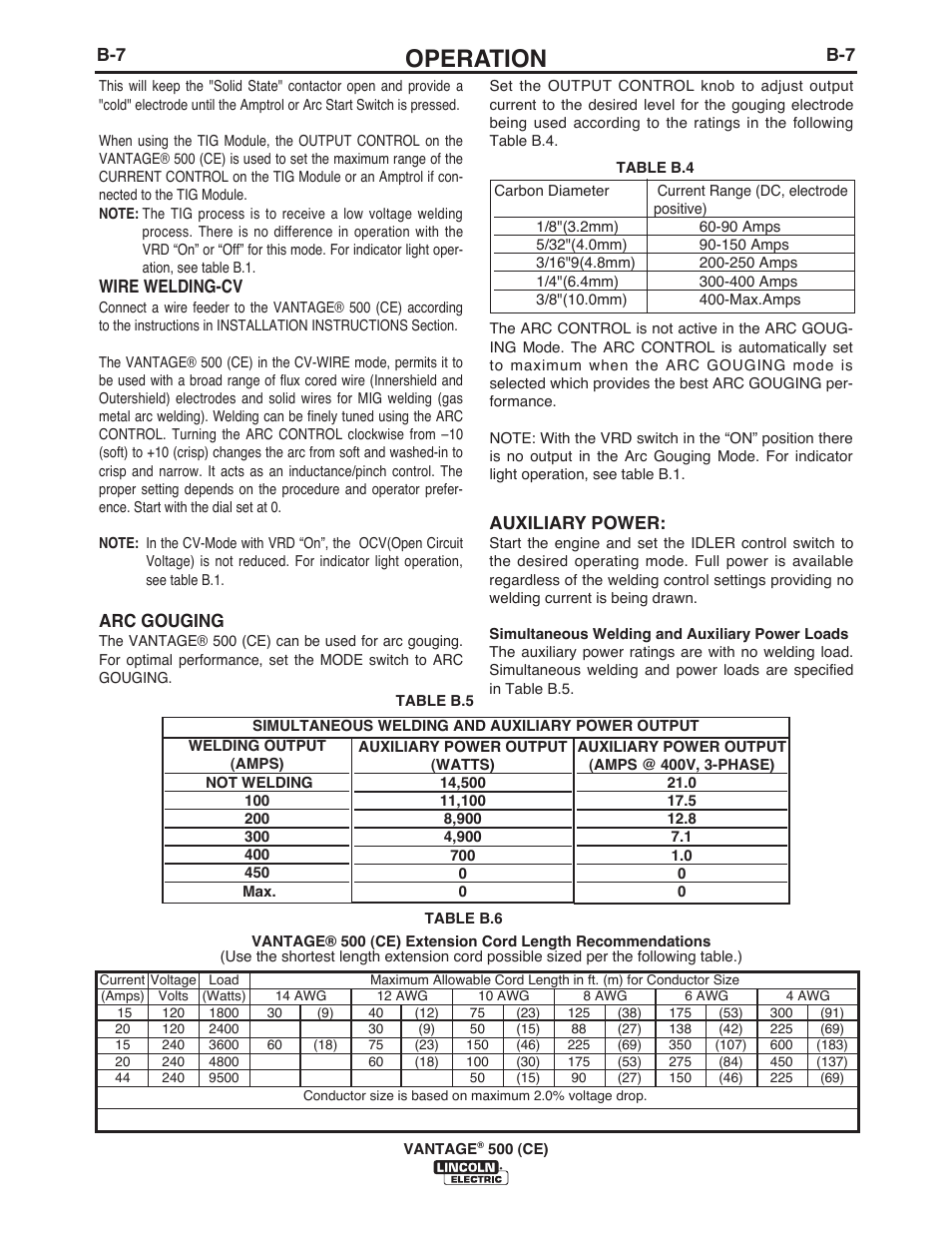 Operation, Auxiliary power, Wire welding-cv | Arc gouging | Lincoln Electric IM894 VANTAGE 500 (CE) User Manual | Page 25 / 50